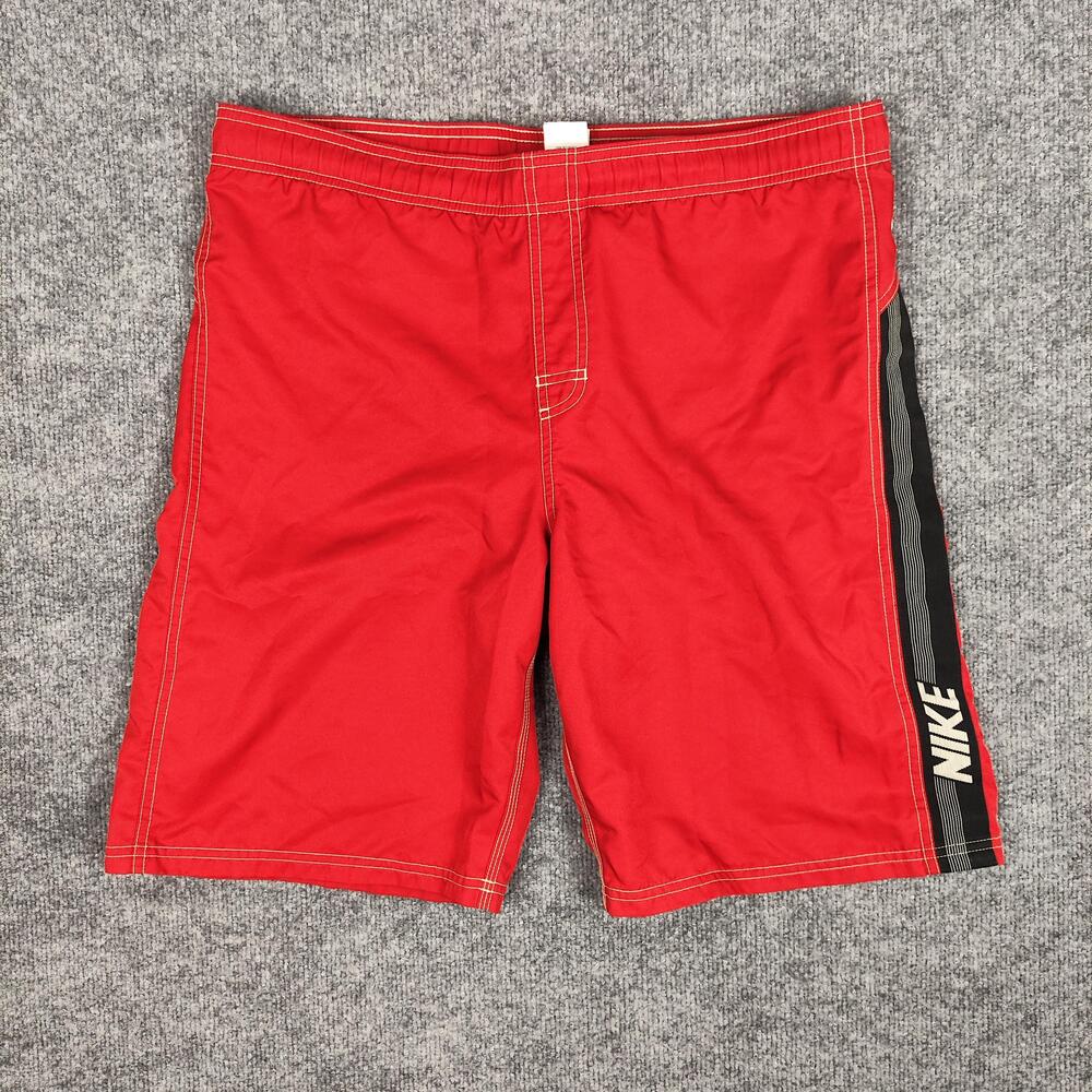 Nike Shorts Mens Medium Red Side Stripe Swim Trunks Drawstring Mesh Lined Logo